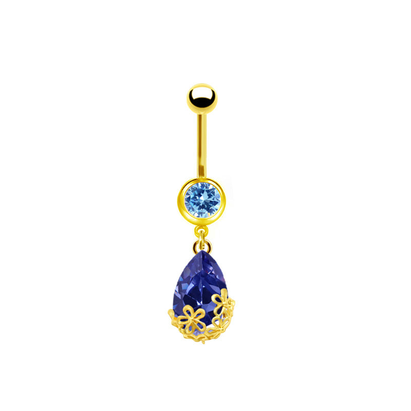 Sweet Pastoral Rose Flower Belly Ring with Colorful Water Droplets and Rhinestones in Stainless Steel and Gold Plated Finish