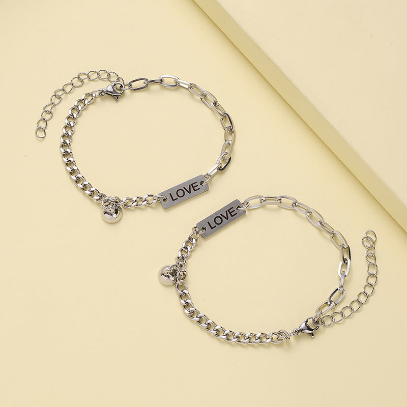1 Pair Fashion Stainless Steel Cuban Link Magnetic Couple Bracelets Set
