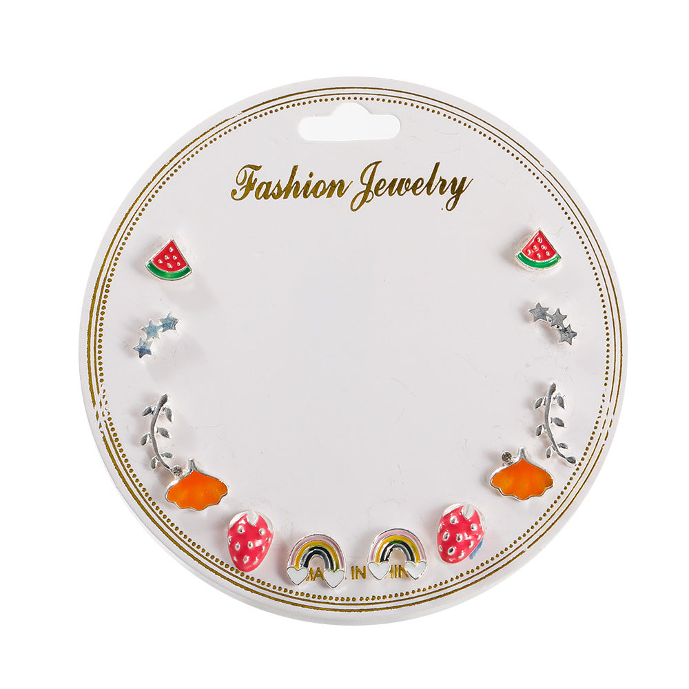 Korean Style Fruit Geometric Dripping Oil Earrings 6-Piece Set