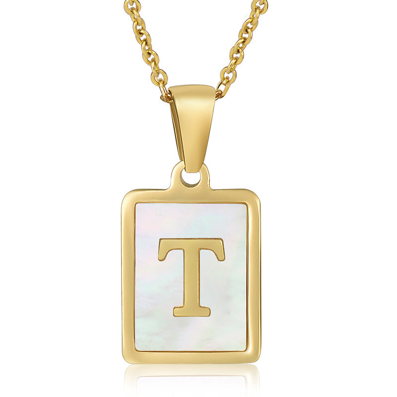 Stainless Steel Alphabet Pendant Necklace with Inlay Shell and 18K Gold Plating
