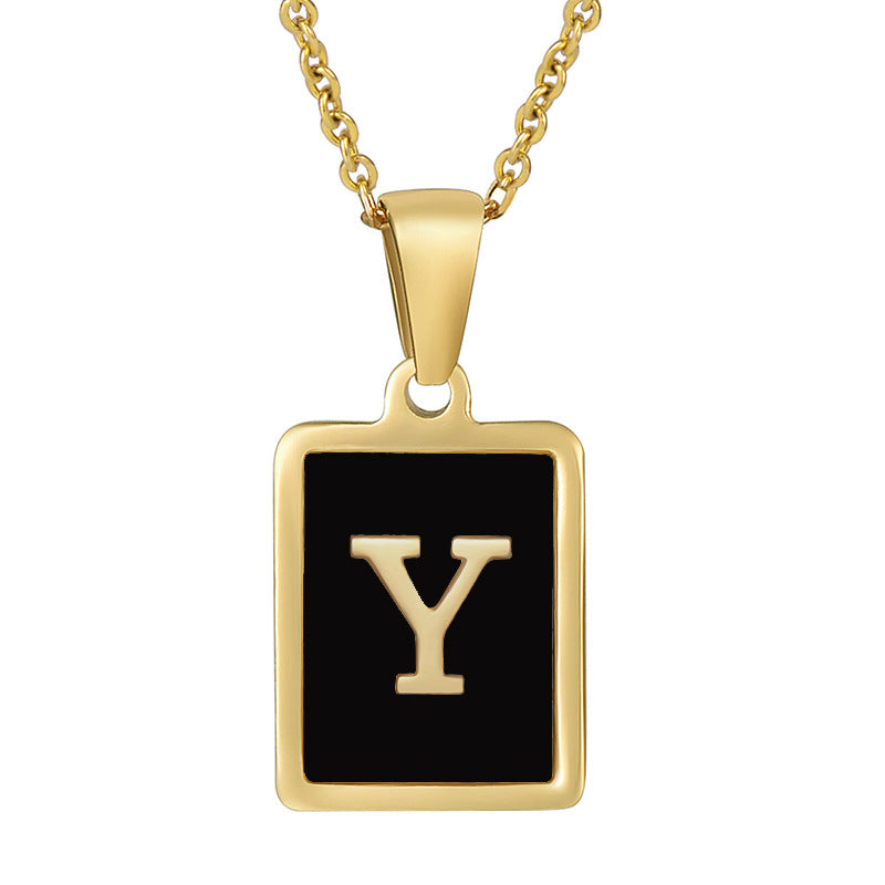 18k Stainless Steel Black Letter Square Pendant Necklace