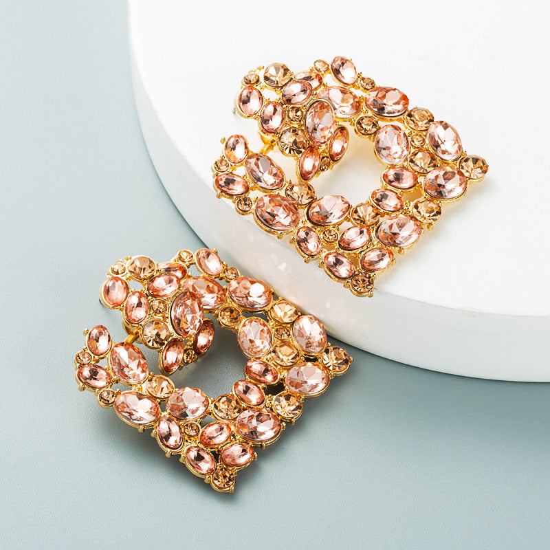 Exaggerated Geometric Square Color Rhinestone Alloy Earrings