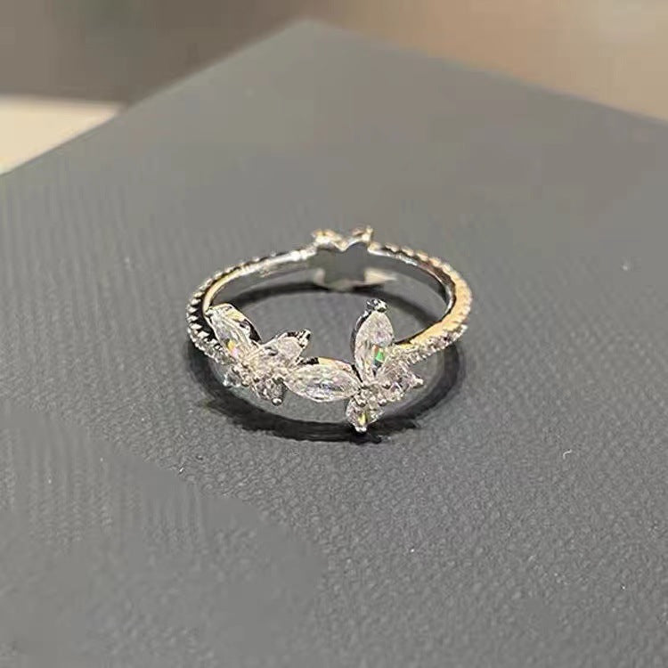 Sweet Heart & Butterfly Enamel Rhinestone Open Ring for Women