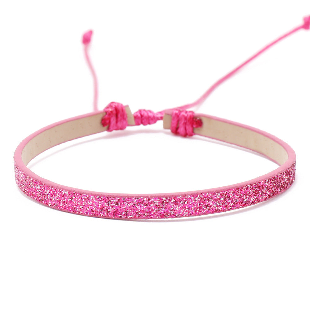 Bohemian Solid Color PU Leather Rope Sequin Handmade Adjustable Bracelet
