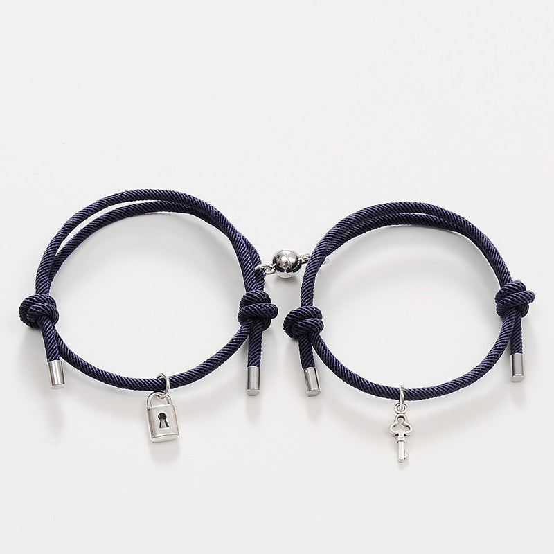 Alloy Key Lock Magnetic Couple Hand Rope Bracelet Set