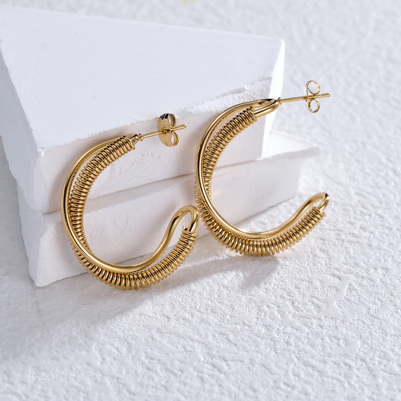 1 Pair Minimalist 18K Gold Plated Stainless Steel Hoop Earrings with Layered Tassel Design