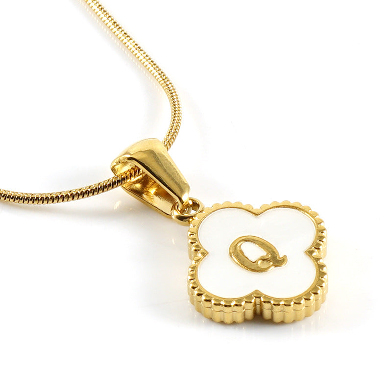 Clover Shell Letter Pendant Gold Plated Stainless Steel Snake Chain Necklace