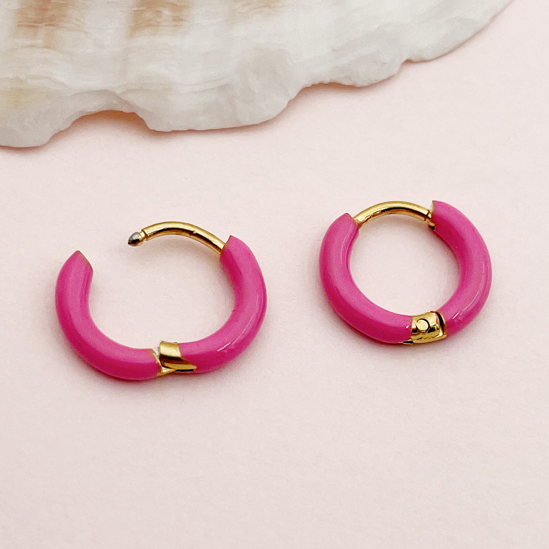 1 Pair Colorful Enamel Circle Hoop Earrings - Gold Plated Stainless Steel