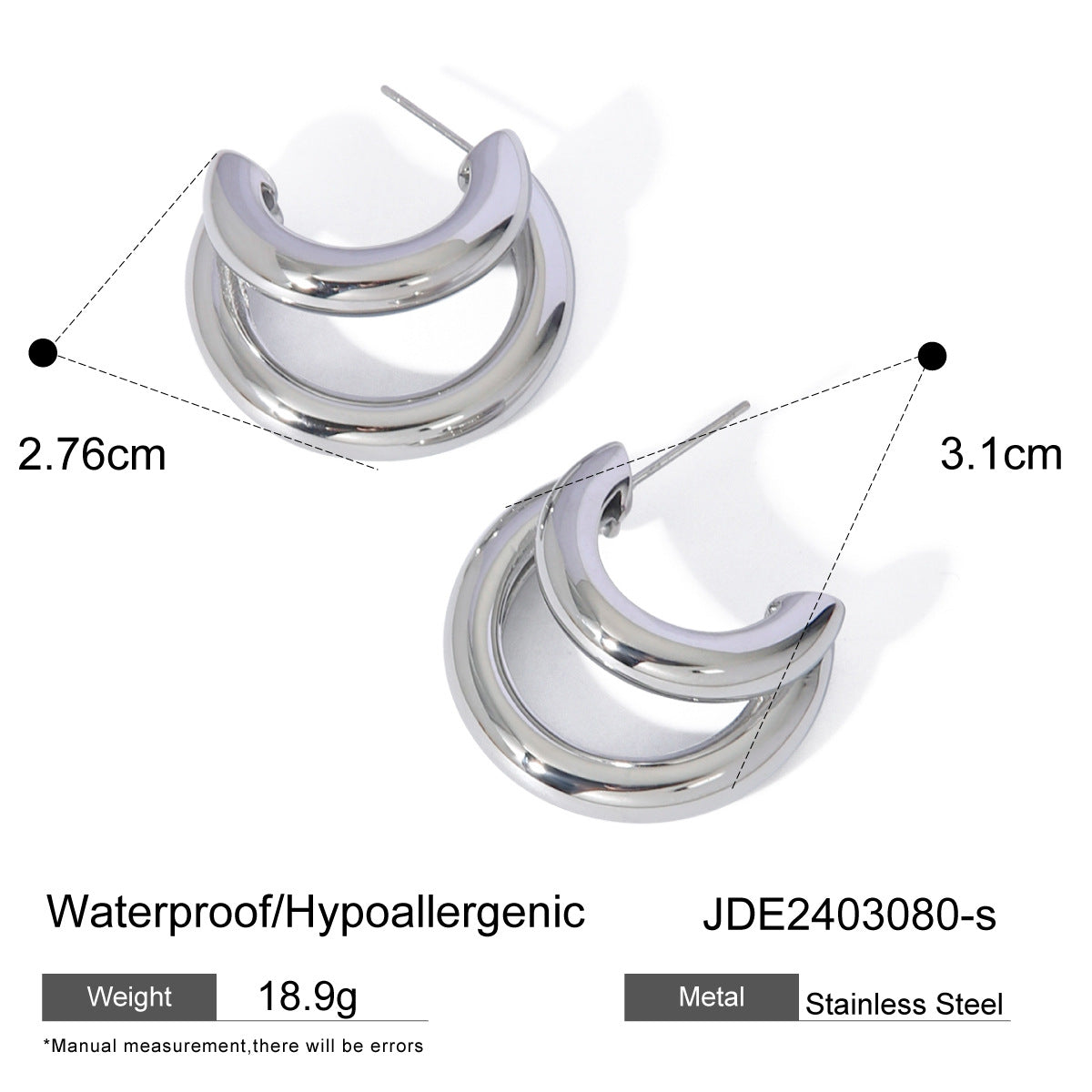 1 Pair Minimalist 18K Gold Plated Stainless Steel Double Layer C-Shaped Earrings