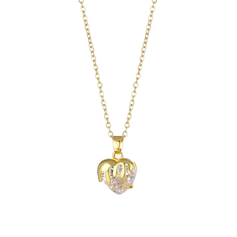 Korean Style Heart Shape Zircon Crystal Pendant Necklace in 18K Gold Plated Stainless Steel