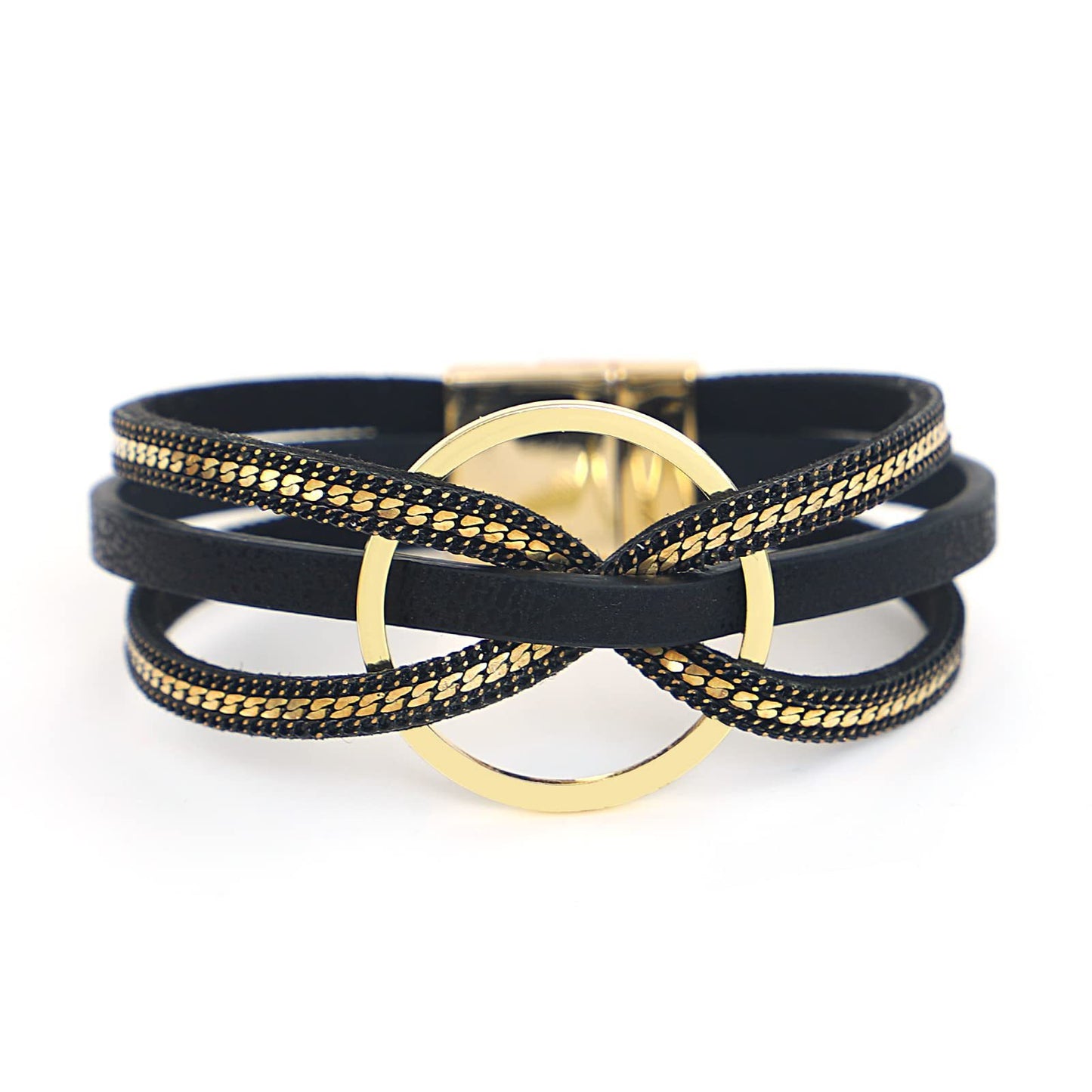 Multilayer Geometric Alloy Circle Magnetic Leather Bracelet for Women