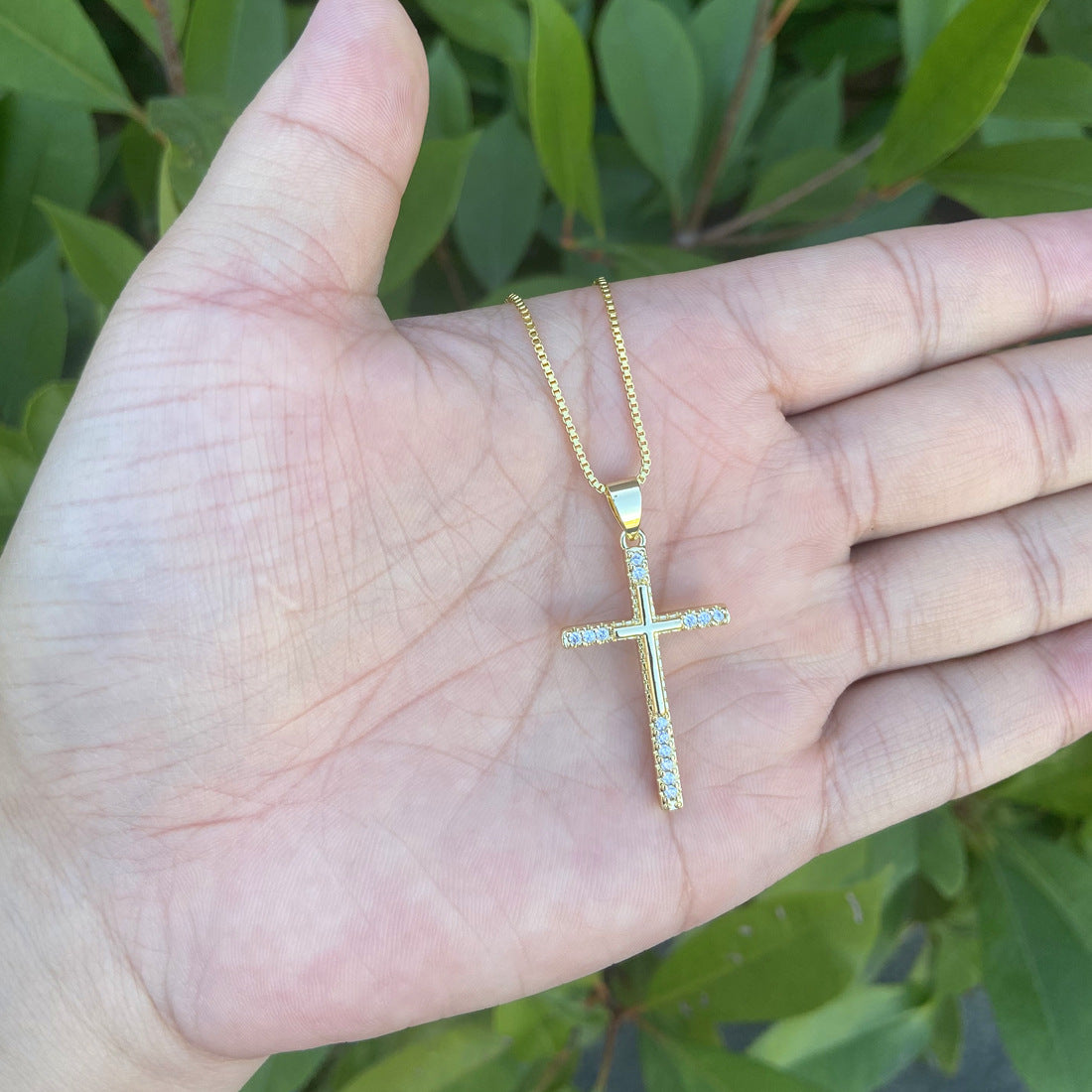 18k Gold Plated Copper Cross Pendant Necklace with Zircon Inlay