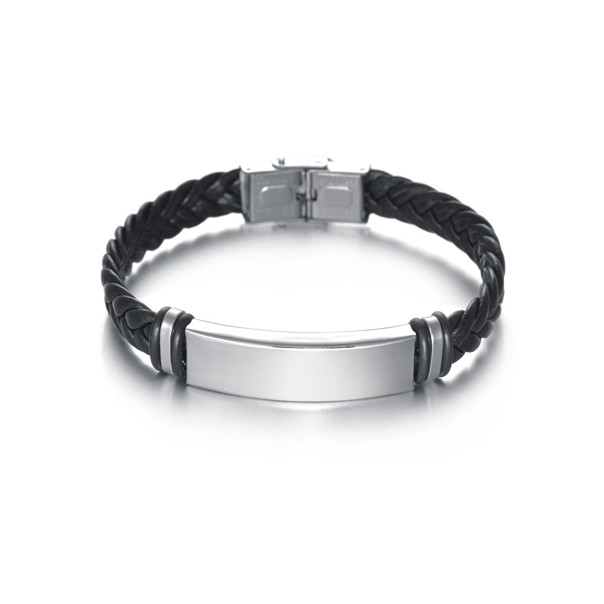 Men's Black Plated Stainless Steel and Braided Leather Bracelet with Engravable Option