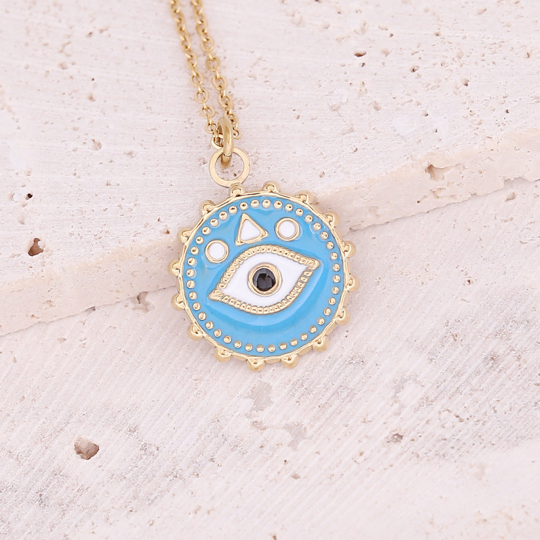 Oil Dripping Eye Pendant Stainless Steel Geometric Cross Necklace with Moon Clavicle Chain