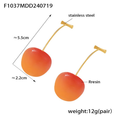 Elegant Cherry Drop Earrings - 18K Gold Plated Stainless Steel with Resin Accents