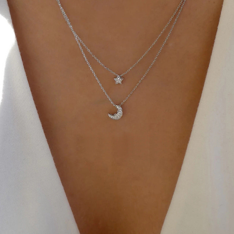 Layered Star and Moon Pendant Necklace - Fashion Alloy Jewelry for Women