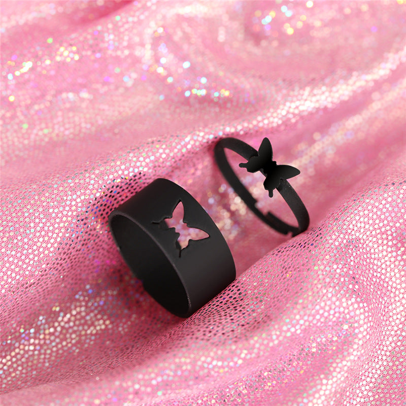 Fashion Black Butterfly Adjustable Couple Rings Set