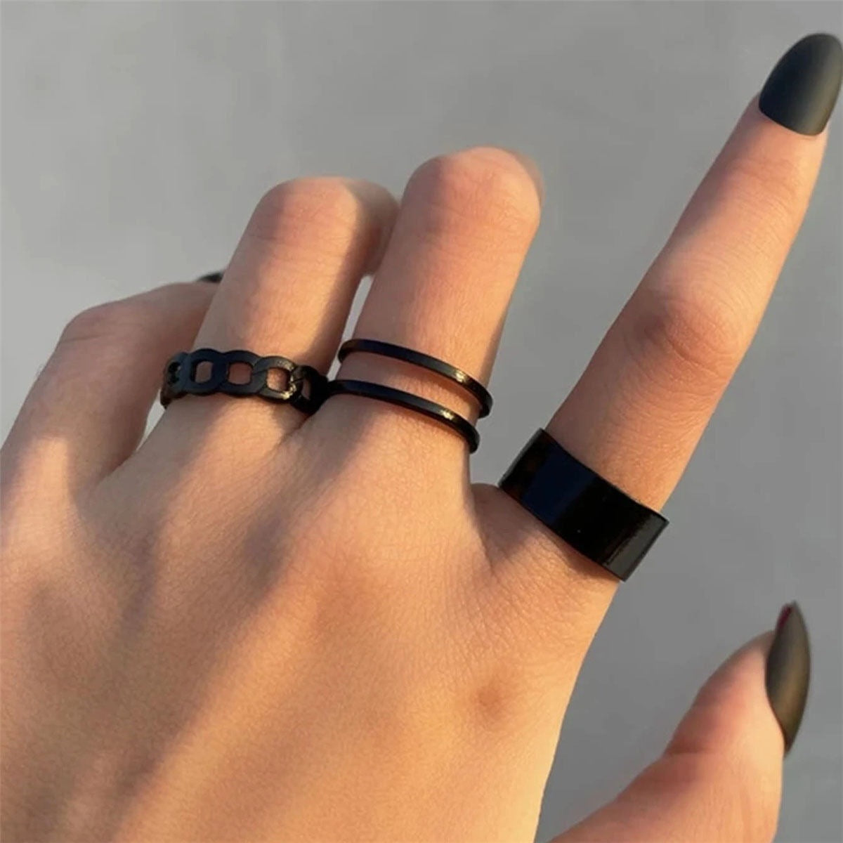 Fashion Hip-hop Black Vintage C-shaped Open Alloy Ring Set - 3 Pieces
