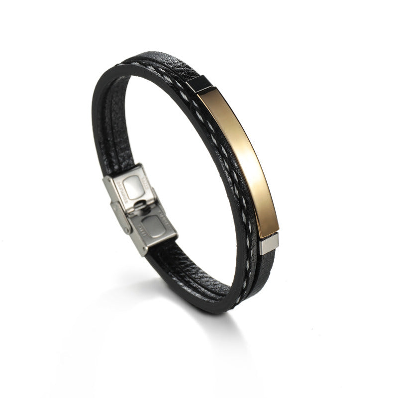 Retro European American PU Braided Leather Bracelet with Glossy Stainless Steel
