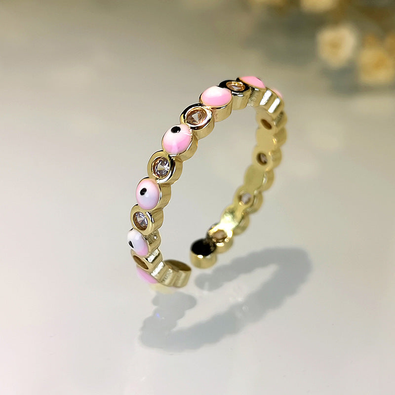 Fashion Jewelry Copper Ring with Micro-inlaid White Zircon and Enamel Evil Eye Design
