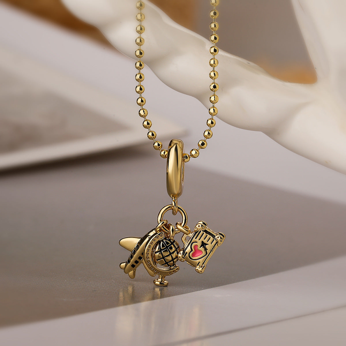 Vacation Streetwear Airplane and Camera Pendant Necklace with Zircon Inlay and 18K Gold Plating