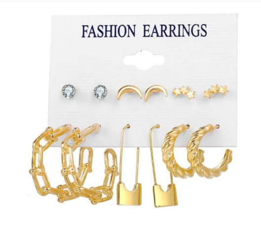 New Inlaid Pearl Gold Hoop Earring Set - 9 Pieces