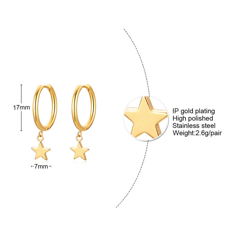 1 Pair 18K Gold Plated Star and Twisted Hoop Stainless Steel Drop Earrings with Zircon Inlay