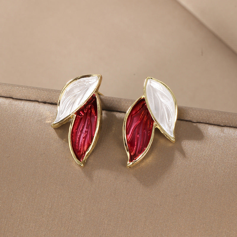 Elegant Korean Leaf Enamel Alloy Stud Earrings with S925 Silver Needle