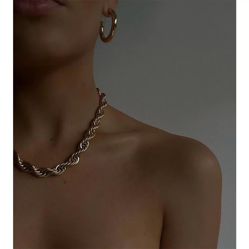 18K Gold Plated Twisted Rope Stainless Steel Necklace - 8mm Wide Vintage Style