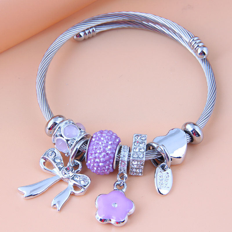 Fashion Stainless Steel Open Cuff Bracelet with Heart and Bowknot Charms