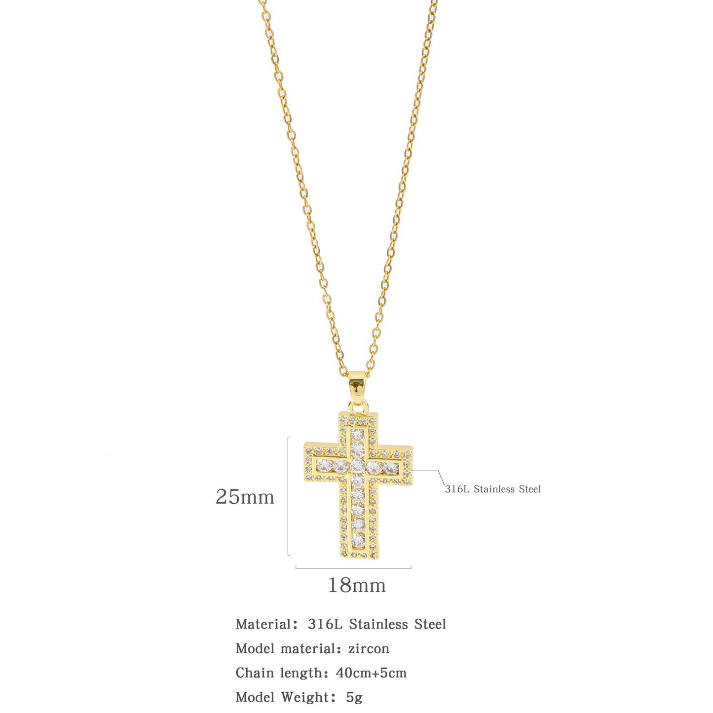 Glam Zircon Cross Pendant Necklace for Women in Copper Plated Stainless Steel