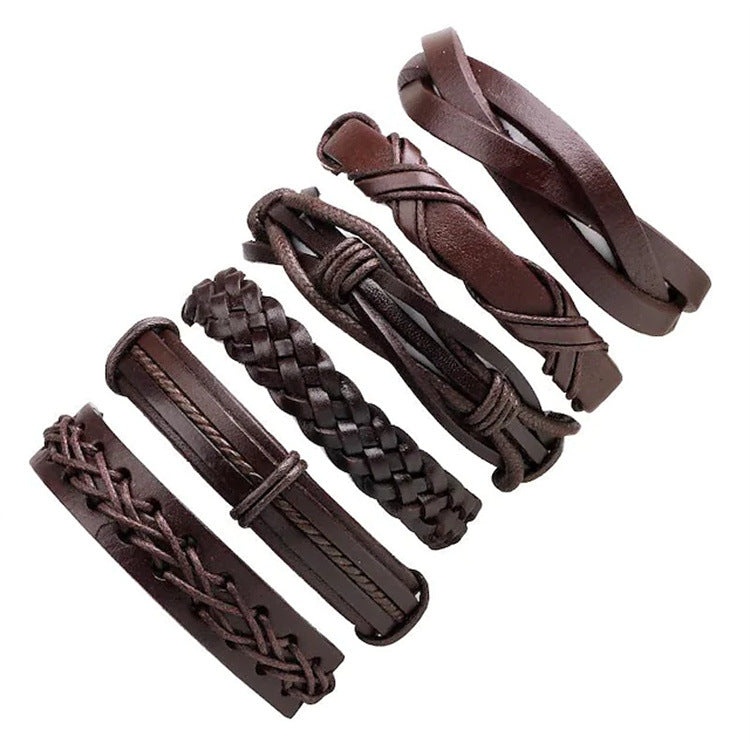 Fashion Cowhide Braided Men's Leather Bracelet Set - 6 Pieces