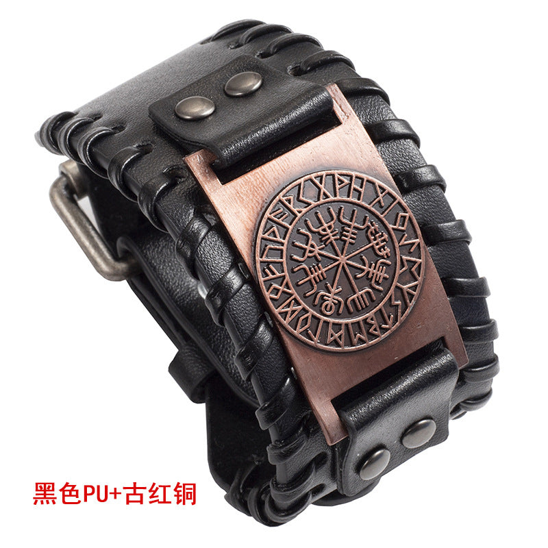 Simple Retro Nordic Viking Compass Leather Bracelet