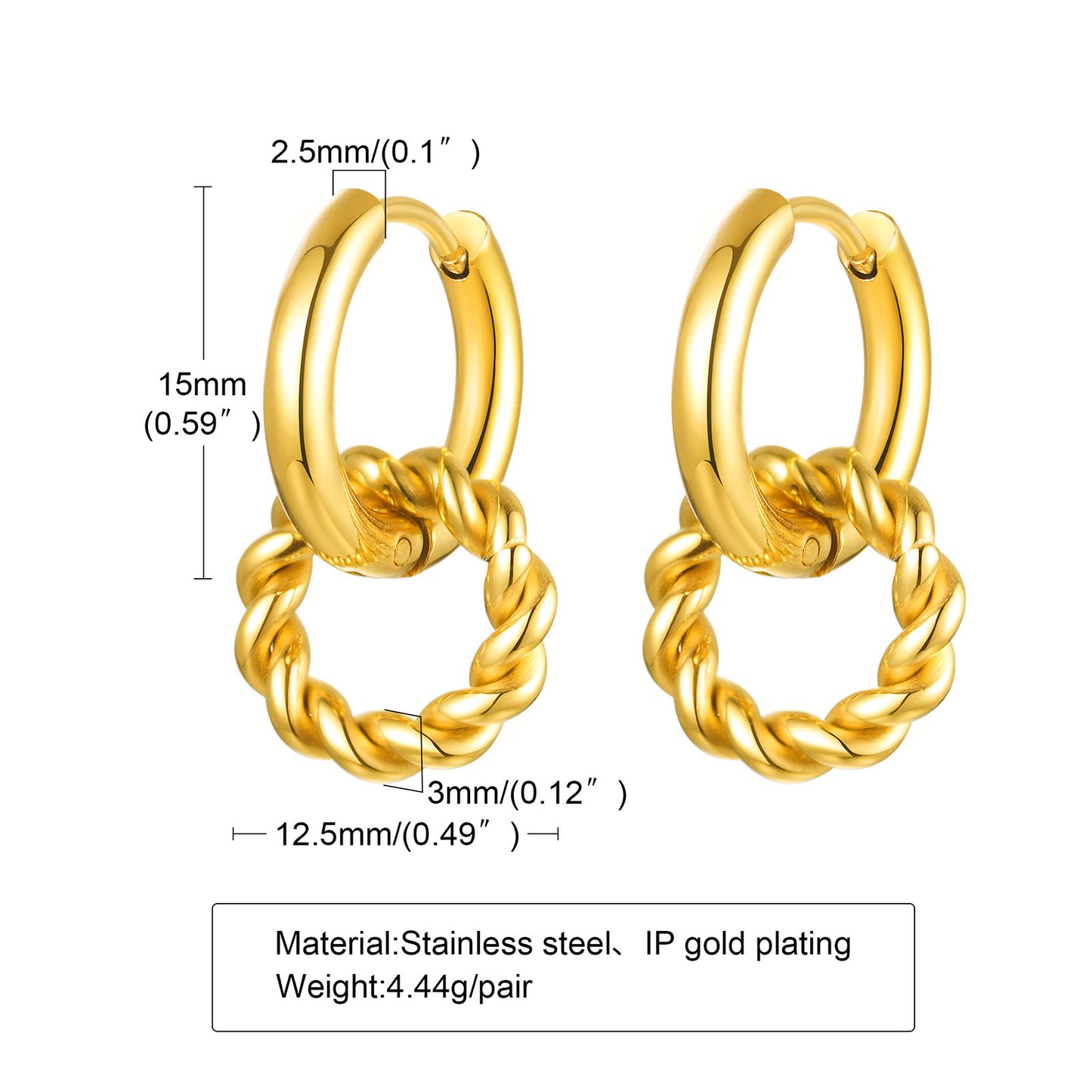 1 Pair 18K Gold Plated Star and Twisted Hoop Stainless Steel Drop Earrings with Zircon Inlay