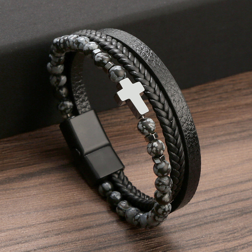 Retro Cross Alloy Natural Stone Tiger Eye Men's Bracelet