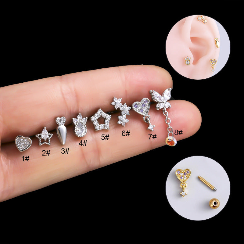 1 Piece Fashion Heart & Star Shape Stainless Steel Zircon Inlay Ear Studs