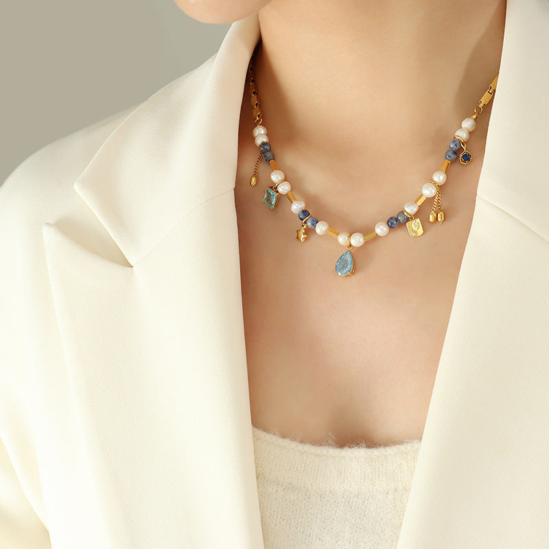 Retro Square Natural Stone Pearl Titanium Steel Glass Crystal Necklace
