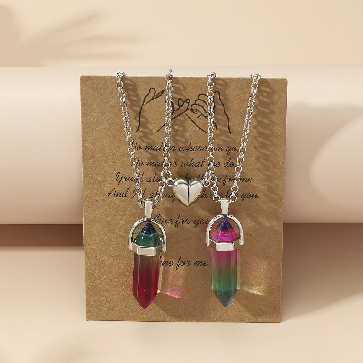 Hexagonal Crystal Quartz Pendant Necklace Set with Water Droplet Gemstone Inlay