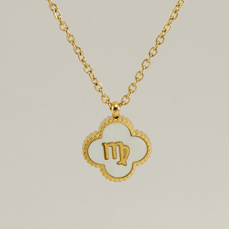 Fashion Clover Constellation Titanium Steel Pendant Necklace with Inlay Shell