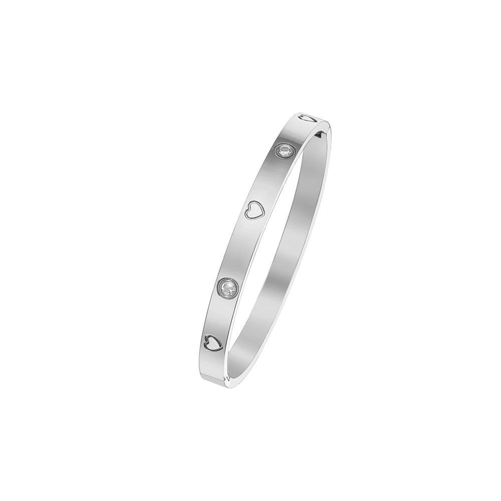 Simple Heart Shape Diamond Gold-Plated Titanium Steel Bangle Bracelet