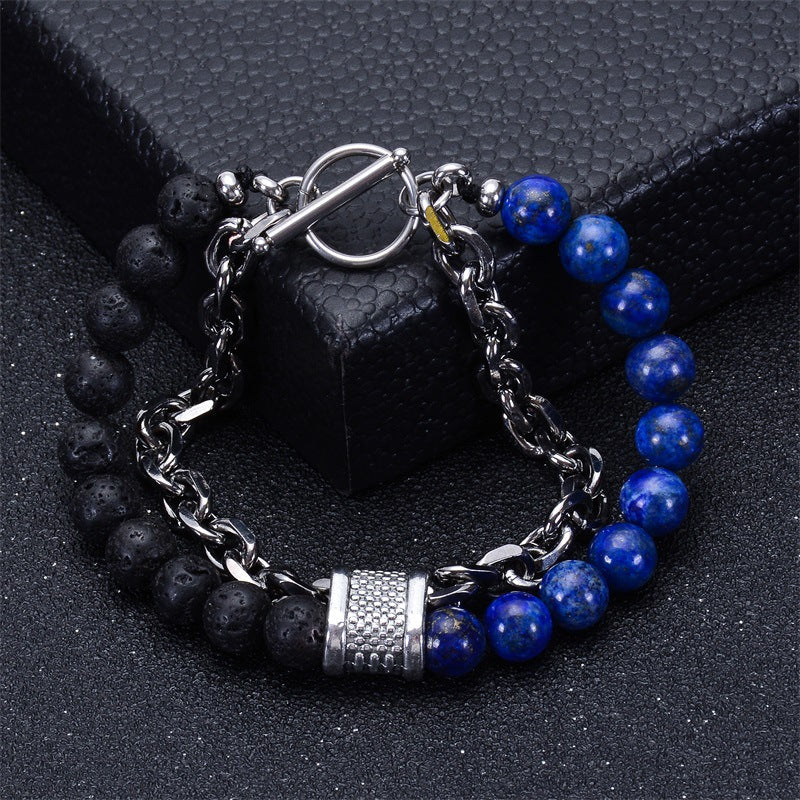 Geometric Natural Stone Lava Bead Stainless Steel Double Layer Bracelet