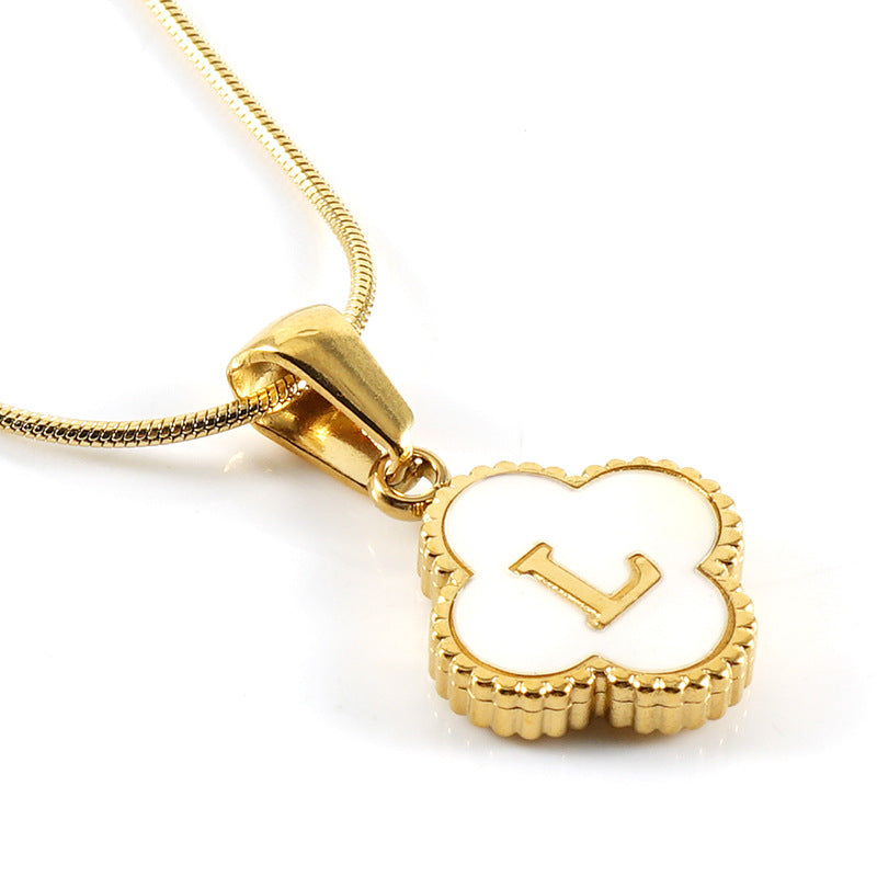 Clover Shell Letter Pendant Gold Plated Stainless Steel Snake Chain Necklace