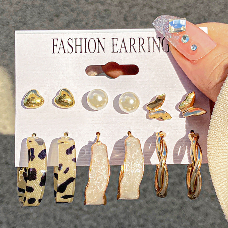 Geometric Heart & Checkerboard Pattern Earrings Set - 6 Pairs