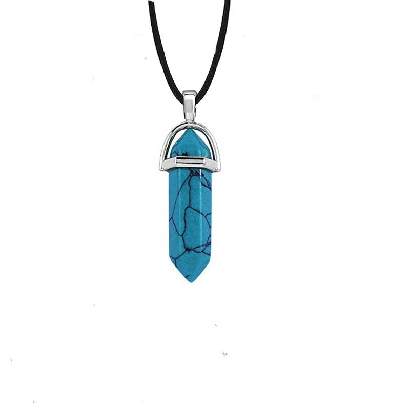 Hexagon Prism Natural Stone Leather Rope Necklace with Quartz Point Pendant