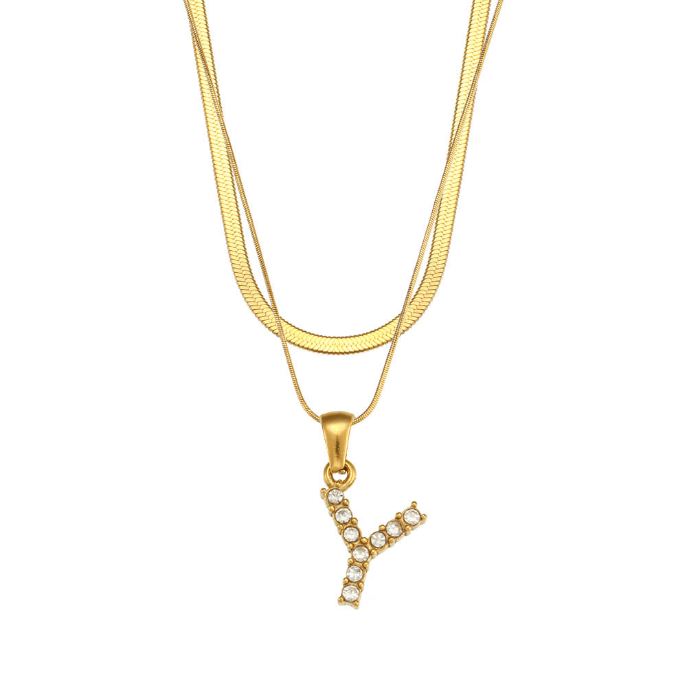 18K Gold Plated Double-Layer Zircon Letter Stainless Steel Necklace