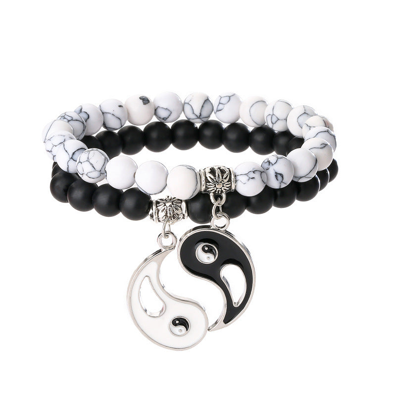 Copper Geometric Bracelet Set - Black Matte & White Turquoise Beaded Couples Bracelets