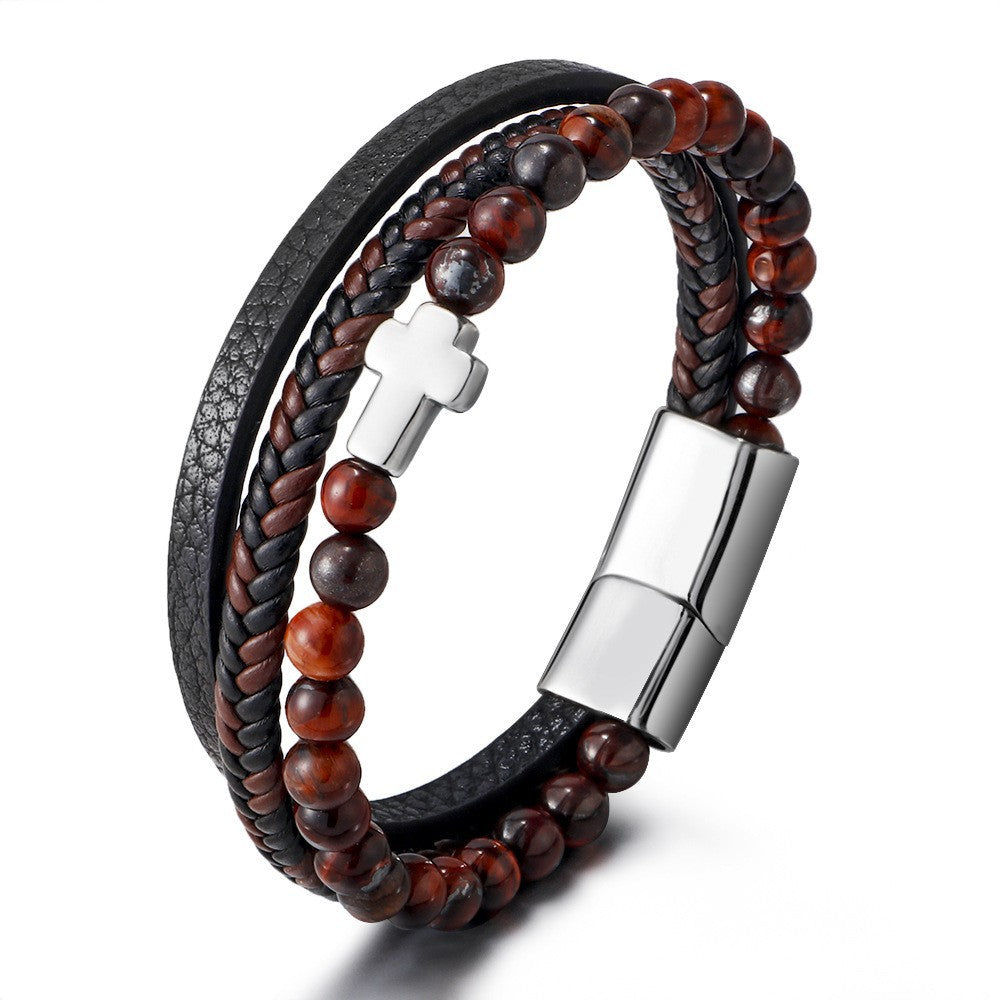 Geometric Titanium Steel Cross Layered Bracelet with Natural Tiger Eye Stone