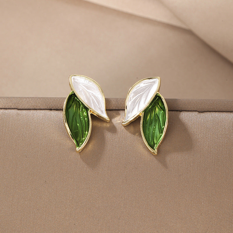 Elegant Korean Leaf Enamel Alloy Stud Earrings with S925 Silver Needle