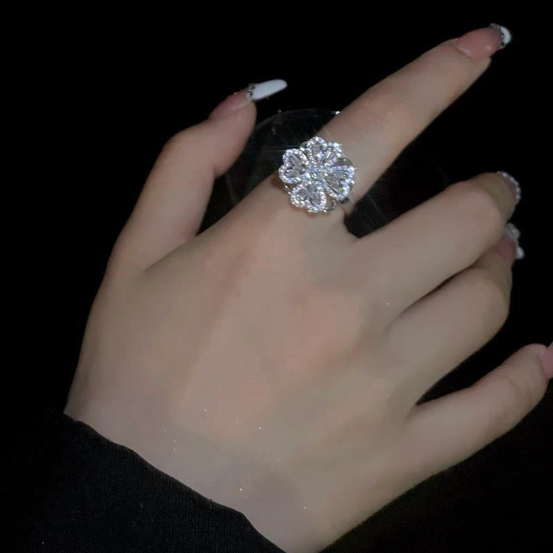Fashion Geometric Four Leaf Clover Zircon Adjustable Open Ring in Sterling Silver