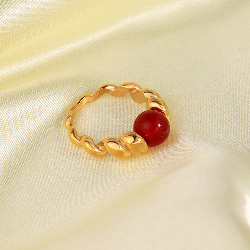 Simple Style Vintage Horn Design 18k Gold Plated Stainless Steel Ring with Pearl and Natural Stone